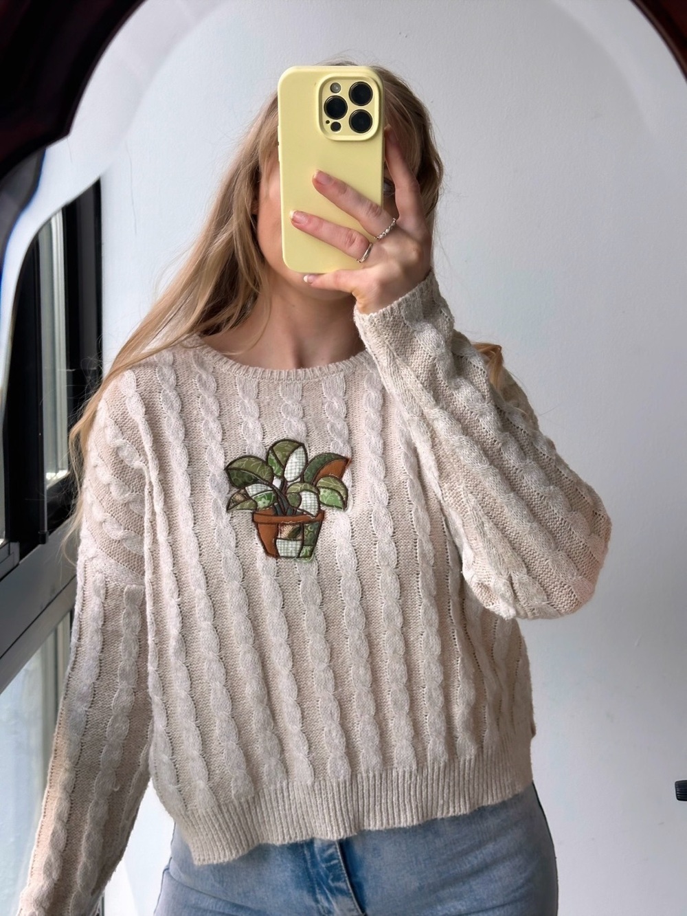 Hand Crafted Upcycled Cream Cable Knit Sweater with Embroidered Patchwork Plant